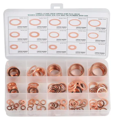 Produktbild von 150 Stück flache Kupferdichtringe, Kupferdichtring-Set, Sortiment an Kupferdichtringen für Schrauben (M5 M6 M8 M10 M12 M14 M16 M18 M20 M22)