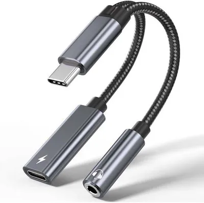 Immagine prodotto di Adattatore USB-C con jack audio da 3,5 mm e caricabatterie - per smartphone - ricarica rapida da 60 W - adattatore 2 in 1 da USB-C a microfono e audio AUX