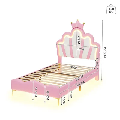 Obrázek produktu pro Fortuna Lai čalouněná postel 90x200cm, manželská postel dětská postel s korunovým čelem, postel pro mládež dřevěná postel s lamelovým roštem, PU, růžová barva