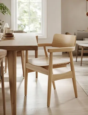 Image de Fauteuil moderne en bois, couleur beige, idéal pour une salle à manger ou un bureau