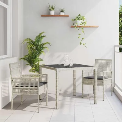 Produktbild von 3-teilige Gartengruppe in Hellgrau aus Poly-Rattan mit Sicherheitsglas-Tisch für Terrasse, Balkon und Garten