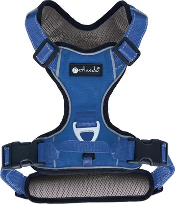 A blue dog harness is shown against a white background.