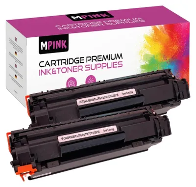 A product shot of two toner cartridges in front of their packaging.