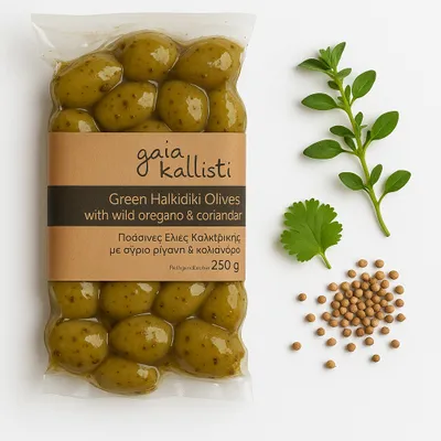 Produktbild von Gaia Kallisti Grüne Halkidiki-Oliven mit Oregano und Koriander 250 g