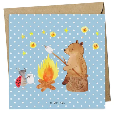 Produktbild von Mr. & Mrs. Panda Glückwunschkarte Bär & Marienkäfer Lagerfeuer - Blau Pastell - Geschenk, doppelkarte, faltkarte, Teddy, anlasskarte, Klappkarte, Grußkarte