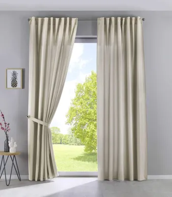 Zdjęcie produktu dla Omgoods - Zestaw 2 zasłon z ukrytymi przelotkami - Materiał: cationic Jena, wymiary: 225 x 140 cm, kolor: beżowy, nieprzezroczyste, wygląd lnu