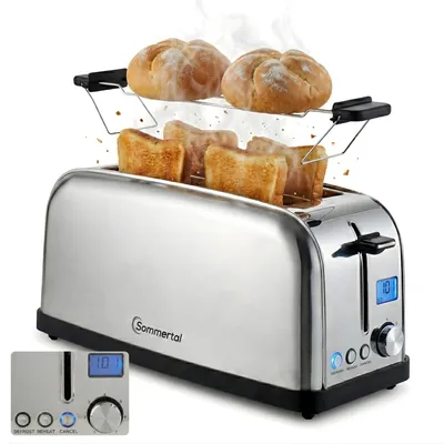 Produktbild von Sommertal Toaster ST1500 XXL, 4 Scheiben mit Brötchenaufsatz, Display mit Timer und Restlaufanzeige, Langschlitztoaster Restlaufzeit, Retro Design Langschlitz Edelstahl 1500W