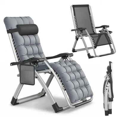 Obrázok produktu pre JOIEYOU Zdravotné lehátko, sklopné relaxačné lehátko, sivé, nastaviteľné v rozmedzí 90–170°, čalúnené, držiak na nápoje, odolné voči poveternostným vplyvom, do záhrady a na kempovanie