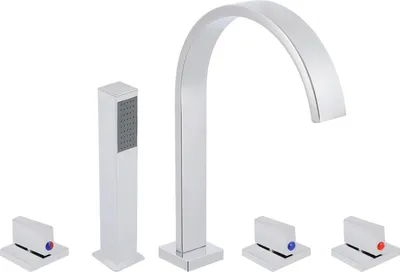 Immagine prodotto di Rubinetteria per vasca da bagno - Set da 5 pezzi - 5 fori - 3 maniglie - Miscelatore caldo/freddo - Corpo in ottone - Tubo flessibile da 1,5 m - Cromo