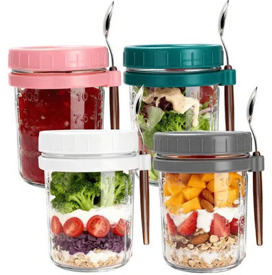 4er-Set Glasbehälter 400 ml mit Deckel und Löffel, luftdicht, transparent