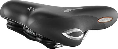 A black and silver bicycle saddle is shown against a white background.