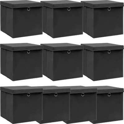 Image de Boîtes de rangement avec couvercle 10 pcs Noir 32x32x32cm Tissu