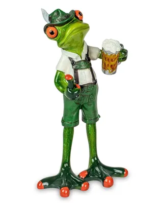 A decorative figurine of a frog dressed in traditional Bavarian attire, holding a mug of beer.