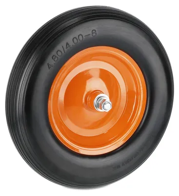 Produktbild von Relaxdays Schubkarrenrad 4.80 4.00-8, Vollgummi, Stahlfelge, Achse, Ersatzrad Schubkarre, pannensicher, schwarz/orange