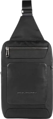 A black sling bag is shown against a white background.