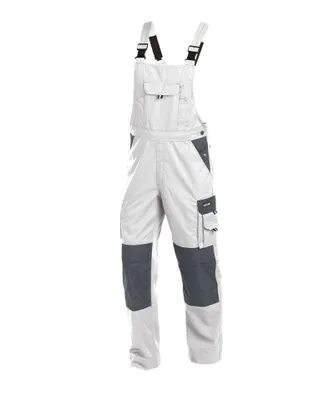 A pair of white and gray work overalls.