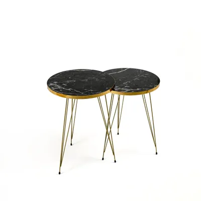 Immagine prodotto di Tavolino moderno, set di 2, motivo in marmo, tavolino da caffè, rotondo, tavolino e tavolino, mobili da salotto, nero