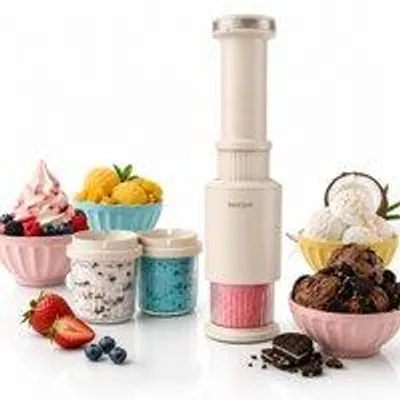 Produktbild von Seeger CompactCream 5-in-1 Kompakte Eismaschine mit 3 Dessertbechern, Für Eiscreme, Gelato, Sorbet, Slush und Frozen Drinks, 3 x 350 ml Becher