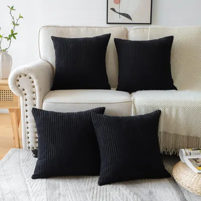 Image de Lot de 4 housses de coussin en velours côtelé, 45 x 45 cm, couleur noire