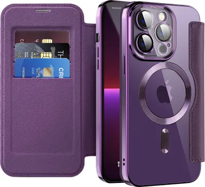 Image de Étui pour iPhone 13 Pro compatible MagSafe, étui transparent avec porte-cartes, étui en cuir avec protection de l'appareil photo Violet
