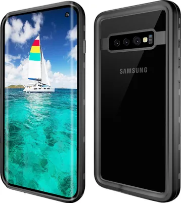 A product shot showing the front and back of a black phone case for a Samsung Galaxy S10, with the front displaying a tropical beach scene on the phone screen.