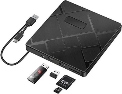 Produktbild von Externes CD DVD Laufwerk USB 3.0 Typ C mit SD Kartenleser 2 USB Anschlüssen