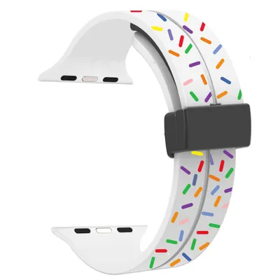 Produktbild von FFO2World Regenbogen-Silikon-Magnetarmband für Apple Watch 42–46/49 mm (Serie 1–11, SE, Ultra) – Sportliches, bequemes Silikonarmband – Weiß