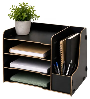 Produktbild von Relaxdays Briefablage, DIN A4, 4 Fächer, Stehsammler, Stifthalter, HxBxT: 23 x 31,5 x 29 cm, MDF, Ablagefächer, schwarz