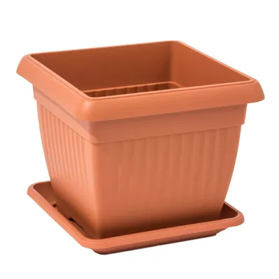 A square terracotta planter with a matching saucer, isolated on a white background.