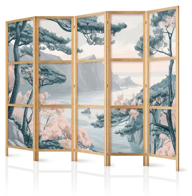 Immagine prodotto di Pannello divisorio giapponese, 5 ante, pieghevole, realizzato in tessuto non tessuto di alta qualità, con motivo di paesaggio montano, ideale per la camera da letto, dimensioni 225 cm x 172 cm