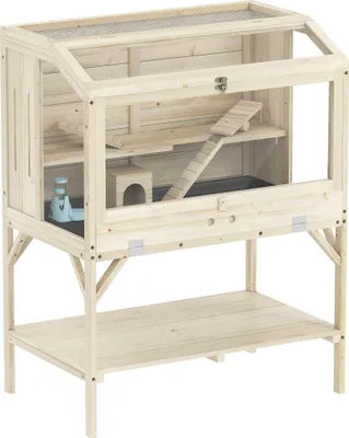 Produktbild von Hamsterkäfig, 2 Ebenen, Kleintierkäfig mit Aufbewahrungsfach, Zubehör, 84 x 53 x 110 cm, Naturholz