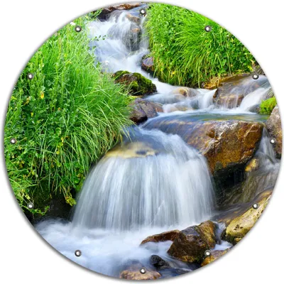 Produktbild von Wallario rundes Outdoor-Poster für Garten oder Balkon, Motiv Kleiner Bach über Steine, 90 cm Durchmesser