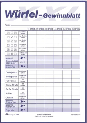 Obrázek produktu pro RNK Verlag 5801 Vítězný list hry v kostky XXL Blok DIN A5 2 x 85 listů