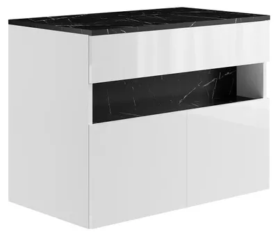 Produktbild von Waschbeckenunterschrank hängend mit Aufsatzplatte - mit LED-Beleuchtung - Weiß & Schwarz - Marmor-Optik - 80 cm - POZEGA