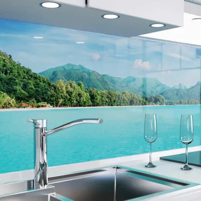 Produktbild von danario Küchenrückwand selbstklebend - Glasoptik - Spritzschutz Küche - versteifte PET Folie - 0,8 mm - Tropisches Paradies - 60cm x 400cm