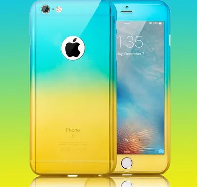 A gradient colored iPhone case with the Apple logo on the back and the phone's screen visible.