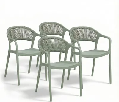 Immagine prodotto di Set di 4 sedie da giardino in polipropilene con fibra di vetro e schienale in corda intrecciata, sedie impilabili resistenti alle intemperie per giardino, terrazza, balcone, bar e ristorante – Jolanda – Verde