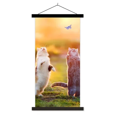 Produktbild von MuchoWow® Textilposter Katzen - Schmetterling - Sonnenuntergang - Gras - Natur 40x80 cm mit schwarzem Rahmen - Wandemalerei