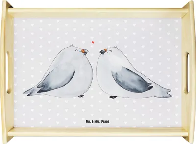 Produktbild von Mr. & Mrs. Panda Dekotablett Turteltauben Liebe - Grau Pastell - Geschenk, Tauben, Serviertablett, Freundin, tablett holz, Hochzeitstag, Deko, Servier, Pärchen