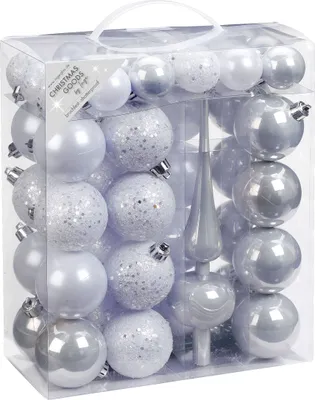 Produktbild von Weihnachtskugeln mit Christbaumspitze Kunststoff, 47er Set, Farbe:weiß glanz / matt