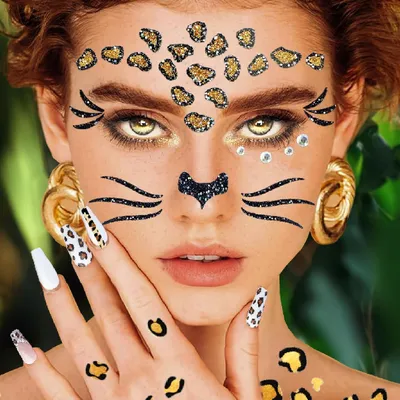 Image de Lot de 3 décorations brillantes pour le visage et les ongles, motif léopard, idéal pour les déguisements de carnaval et les fêtes à thème