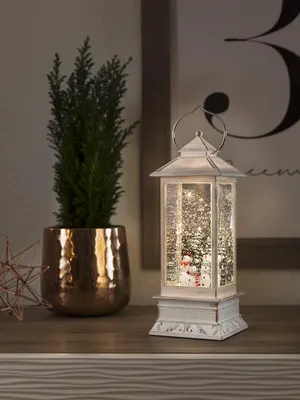 Image de Lanterne d'eau LED Bonhomme de neige - 1 LED blanc chaud - 27,5cm - minuterie - pile - intérieur - vintage - blanc