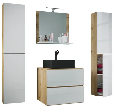 Immagine prodotto di 5 parti lavabo lavabo | lavabo nero larghezza 60 cm | set mobili bagno con cassetti porta girevole specchio | Lendas S BL