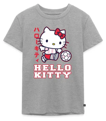 Produktbild von Spreadshirt Hello Kitty Spielt Fussball Sport Kinder Premium T-Shirt, 110/116 (4 Jahre), Grau meliert