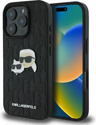 Image de Karl Lagerfeld KLHCP16LPGKLKCPK iPhone 16 Pro 6.3" noir/noir coque rigide Monogramme Karl&Chaoupette Head Pin