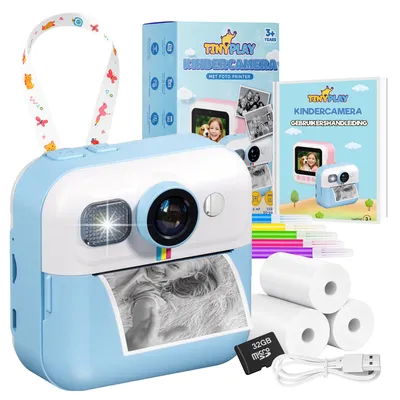 Productafbeelding van TinyPlay Kindercamera met foto printer - 48MP - Digitale Camera Kinderen - 32GB SD kaart - Full HD Foto en Video - Spelletjes - Fotoprinter - blauw