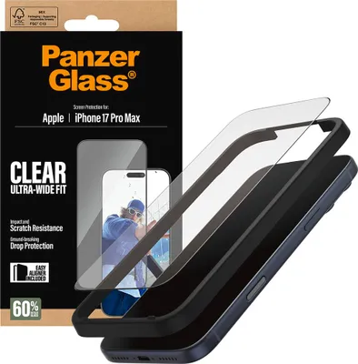 Obrázok produktu pre PanzerGlass ® Screen Protector iPhone 17 Pro Max | Ultra-Wide Fit w. EasyAligner, Apple, Apple - iPhone 17 Pro Max, Suché aplikovanie, Odolné proti poškriabaniu, Odolný proti nárazom, Priehľadná, 1 kusov