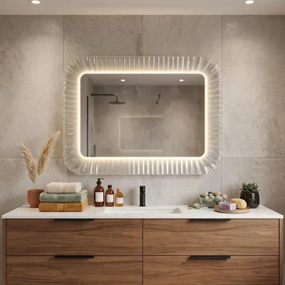 Produktbild von Spiegel mit Rahmen aus geschmolzenem Weißglas und LED