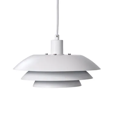 A white pendant lamp with multiple shades, suspended from a white cord against a white background.