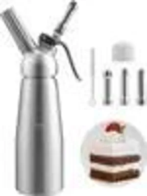 Produktbild von Profi-Sahnespender Aluminium 500 ml, 3 Edelstahl Deko-Düsen, inkl. Reinigungsbürste, für Desserts & Gebäck (ohne N2O Sahnekapseln)